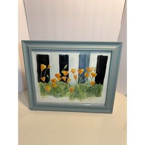 Cottage Floral Wall Art in Blue Frame, Vintage Style Botanical Decor Country